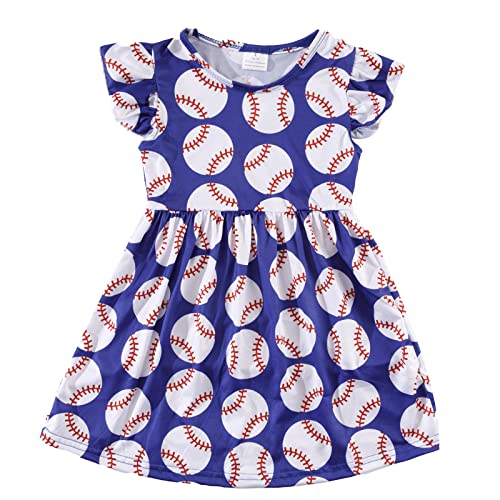 VUMUZU Toddler Girls Baseball Pattern Dresses Autumn Sports Ruffle Bottom Flutter Sleeve Apparel 6-7Y