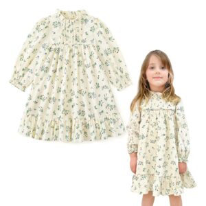 curipeer baby girls long sleeve floral dress flower printed toddler ruffle dress for autumn and spring beige 6t