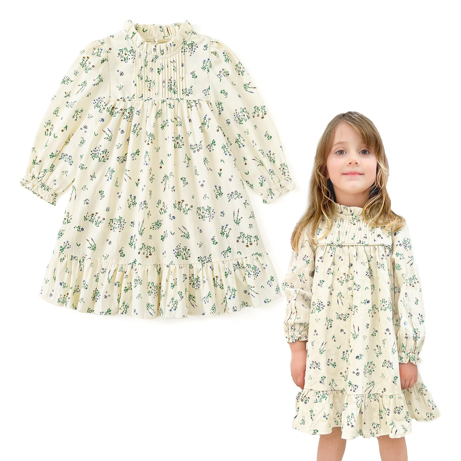 Curipeer Baby Girls Long Sleeve FLoral Dress Flower Printed Toddler Ruffle Dress for Autumn and Spring Beige 6T