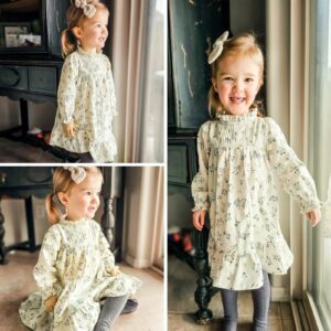 Curipeer Baby Girls Long Sleeve FLoral Dress Flower Printed Toddler Ruffle Dress for Autumn and Spring Beige 6T