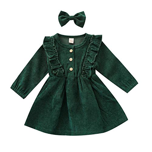 Karuedoo Kids Toddler Baby Girl Corduroy Ruffle Long Sleeve Dress Princess Party Dress Fall Winter Skirt Outfit (A-Green, 4-5T)