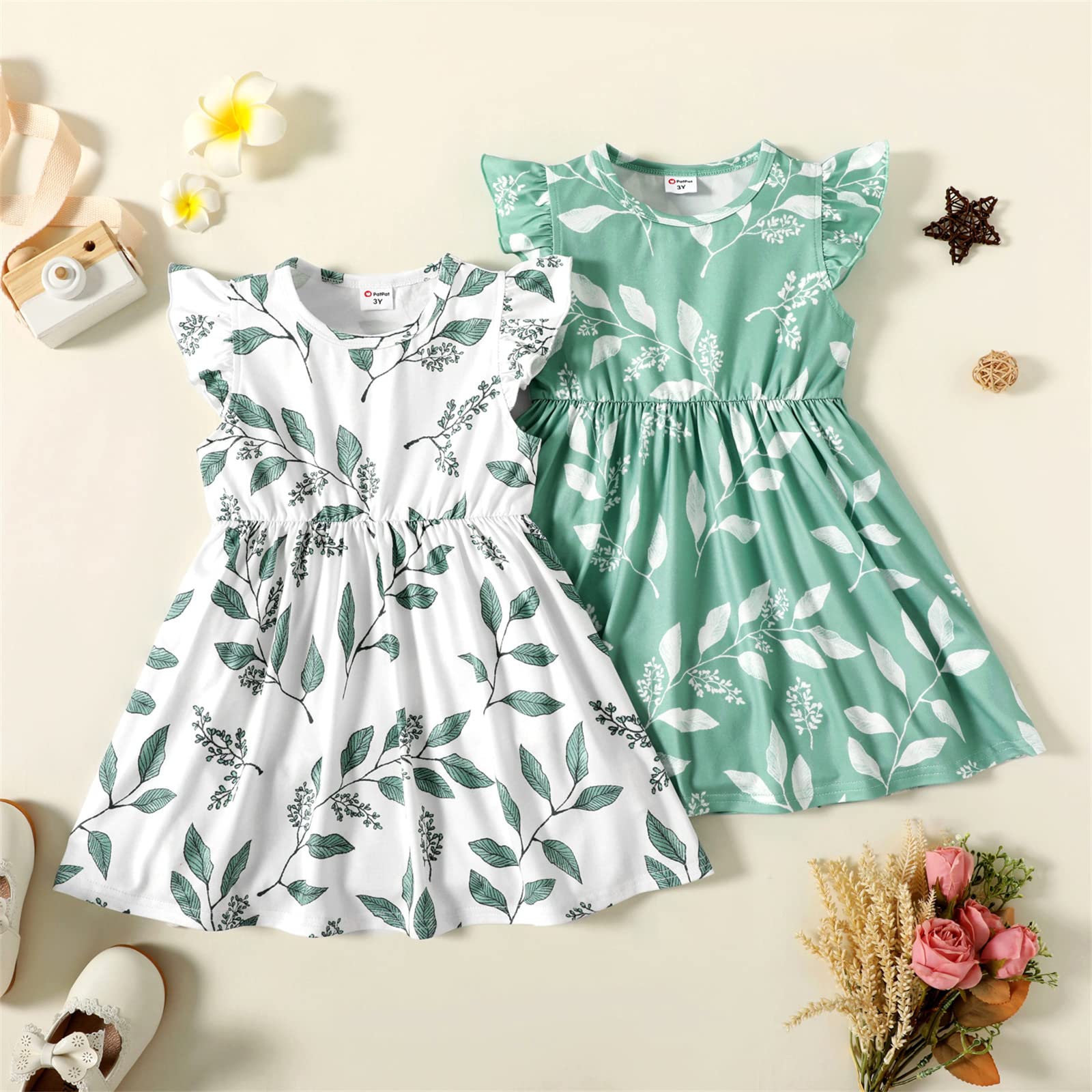 PATPAT Toddler Girl Dress Little Girls Ruffle Sleeve Casual Sundress Leaf Print A-Line Dress White 18-24 Months