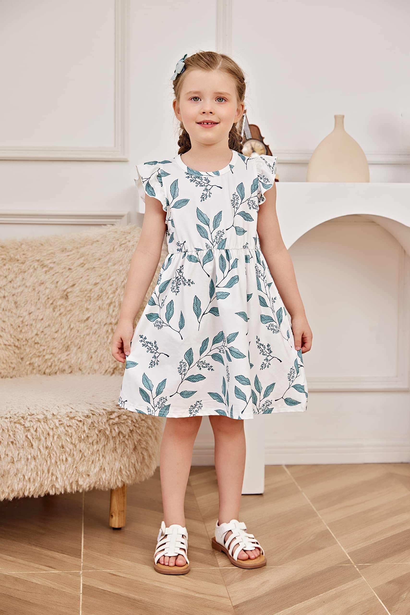 PATPAT Toddler Girl Dress Little Girls Ruffle Sleeve Casual Sundress Leaf Print A-Line Dress White 18-24 Months