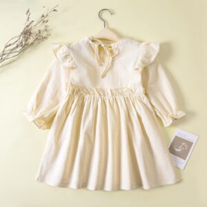 Goodplayer Toddler Girl Cotton Linen Dress Long Sleeve Ruffle Fall Dress Kids Solid Dresses Casual Clothes （12-24 Monthes,Beige Dresses