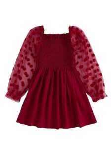 wdirara toddler girl's polka dots mesh flounce long sleeve flared shirred dress pure burgundy 90