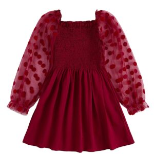 WDIRARA Toddler Girl's Polka Dots Mesh Flounce Long Sleeve Flared Shirred Dress Pure Burgundy 90