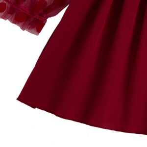 WDIRARA Toddler Girl's Polka Dots Mesh Flounce Long Sleeve Flared Shirred Dress Pure Burgundy 90