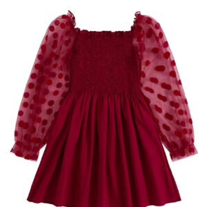 WDIRARA Toddler Girl's Polka Dots Mesh Flounce Long Sleeve Flared Shirred Dress Pure Burgundy 90