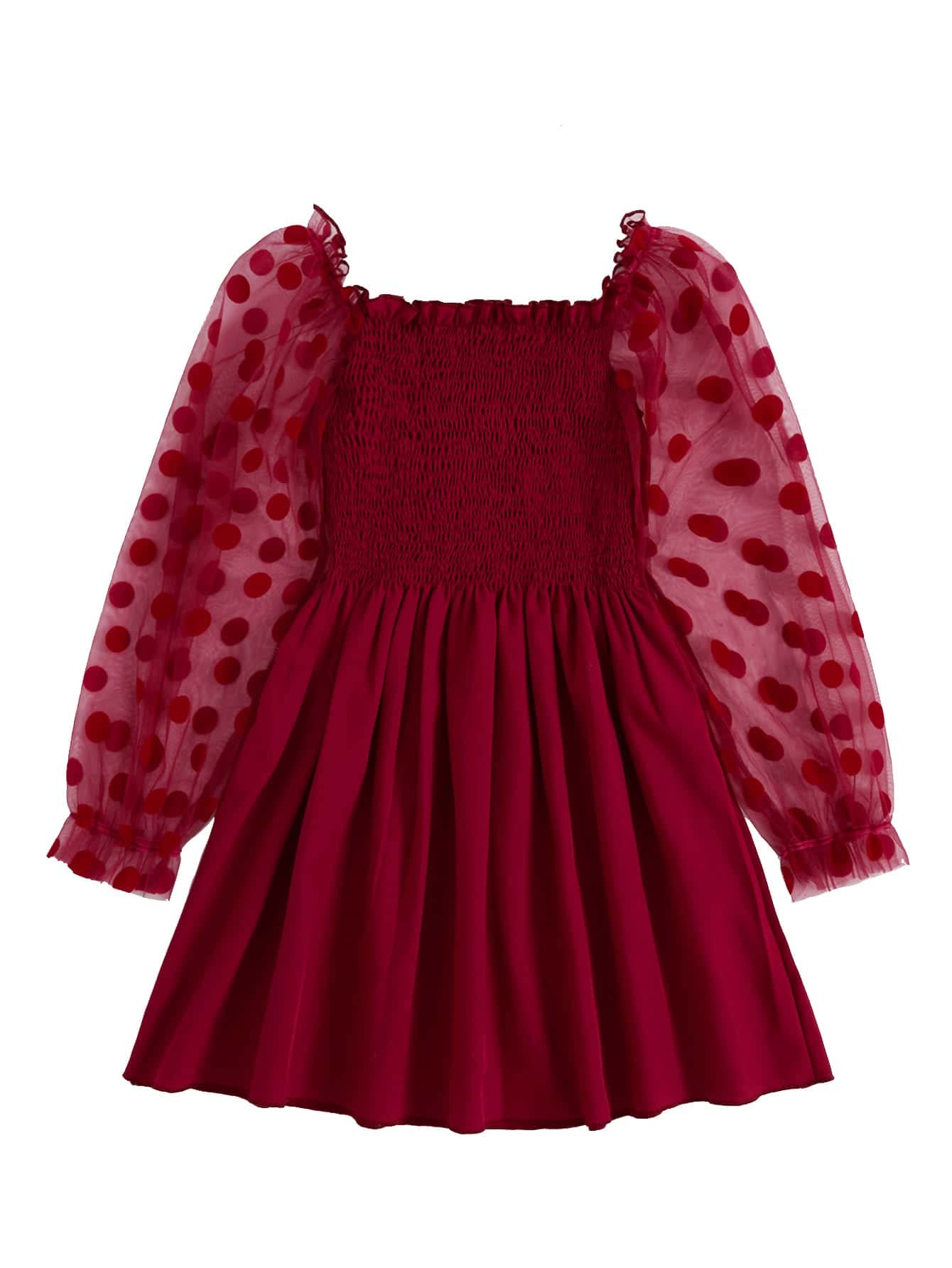 WDIRARA Toddler Girl's Polka Dots Mesh Flounce Long Sleeve Flared Shirred Dress Pure Burgundy 90