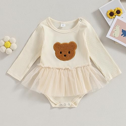 Kuriozud Baby Girls Mesh Romper Dress Bear Pattern Long Sleeve Jumpsuits for Newborn Infant Toddler Cute Clothes (Milky White, 12-18 Months)