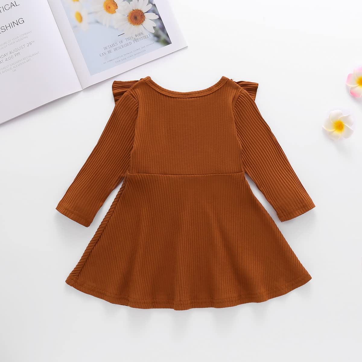 Toddler Baby Girl Ribbed Dress Ruffle Solid Round Neck Long Sleeve Cotton Sundress Kids Casual Spring Fall Dresses(Brown, 2-3T(100))