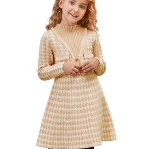 Girls Knitted Sweater Dresses Kids Mock Neck Khaki Flare Plaid Winter Dress, 4t 5t