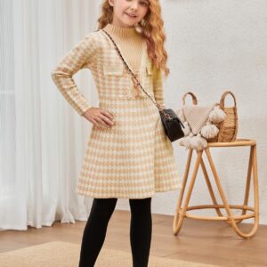 Girls Knitted Sweater Dresses Kids Mock Neck Khaki Flare Plaid Winter Dress, 4t 5t