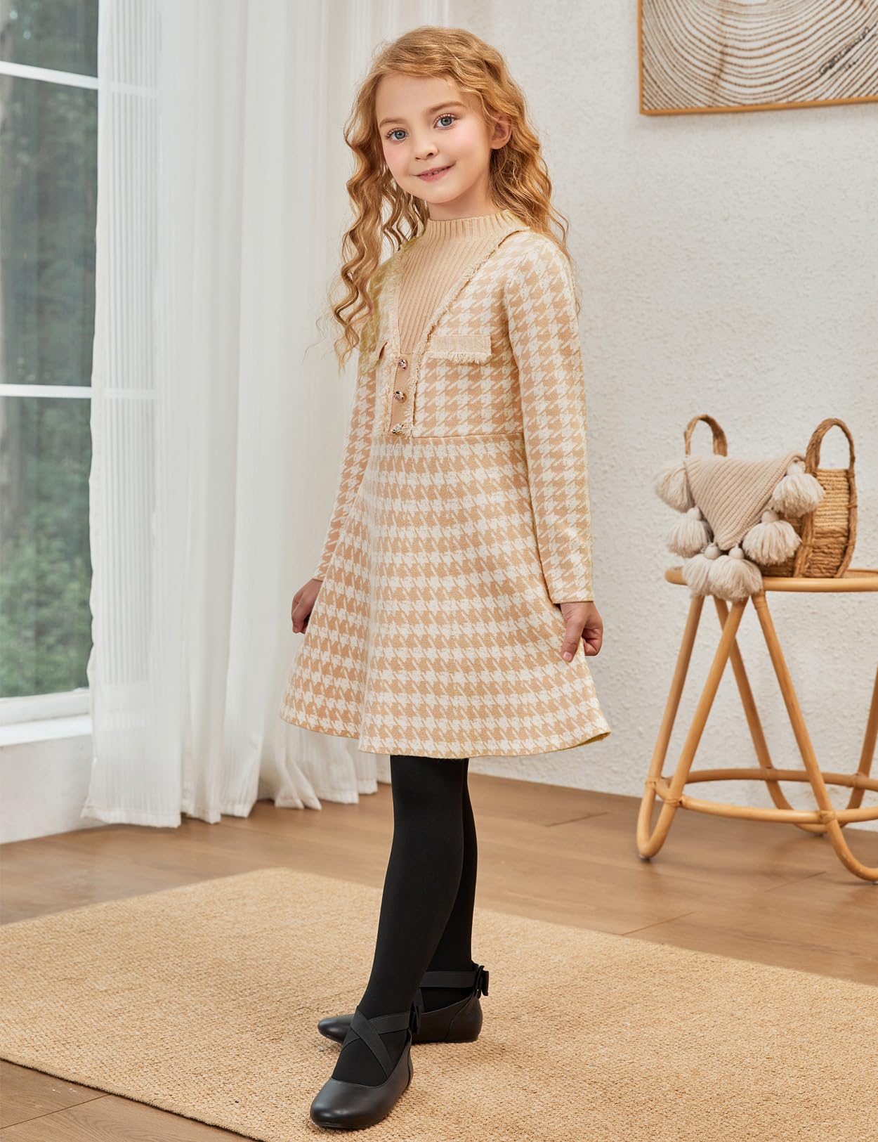 Girls Knitted Sweater Dresses Kids Mock Neck Khaki Flare Plaid Winter Dress, 4t 5t