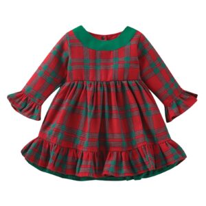 toddler girls christmas dress long sleeve plaid prints princess dress xmas party ruffles dresses clothes(red,12-18 months)