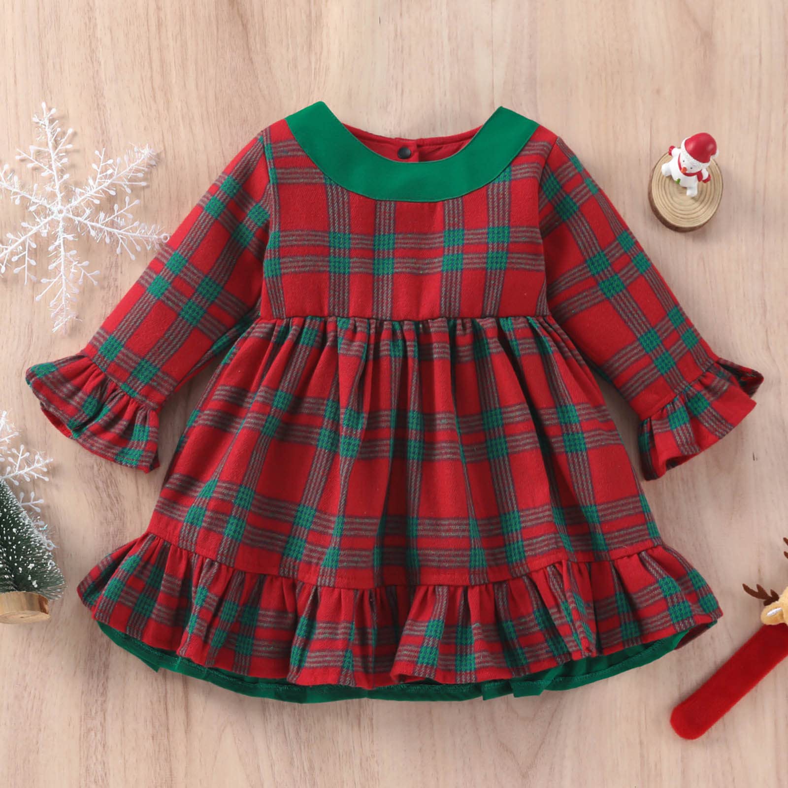 Toddler Girls Christmas Dress Long Sleeve Plaid Prints Princess Dress Xmas Party Ruffles Dresses Clothes(Red,12-18 Months)