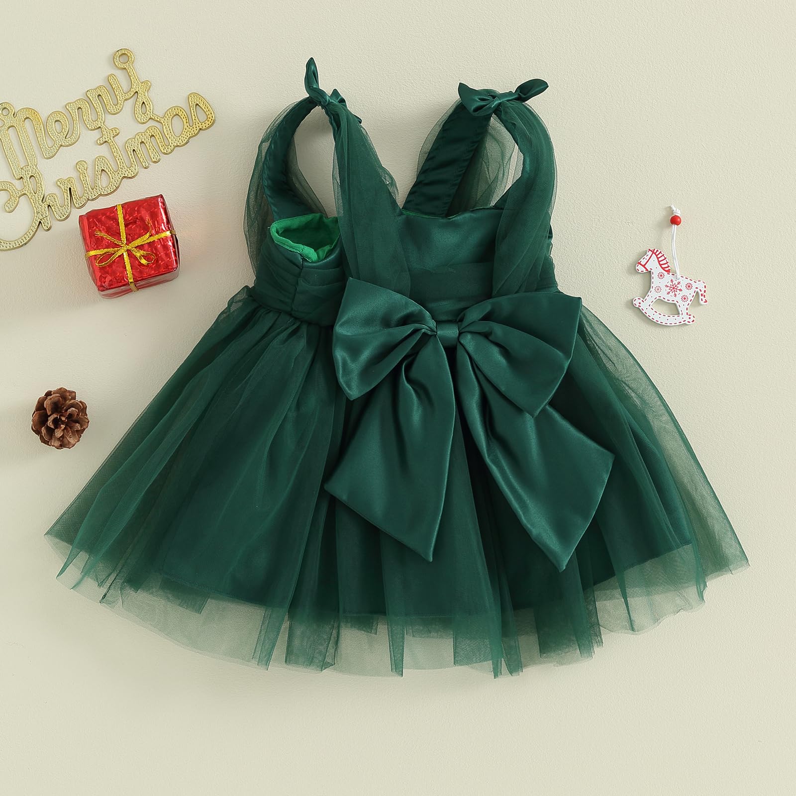 SHUING Infant Toddler Baby Girl Slip Dress Patchwork Tulle Christmas Outfit Elegant Bow Sleeveless Skirt Party Clothes (Green, 2-3 Years)