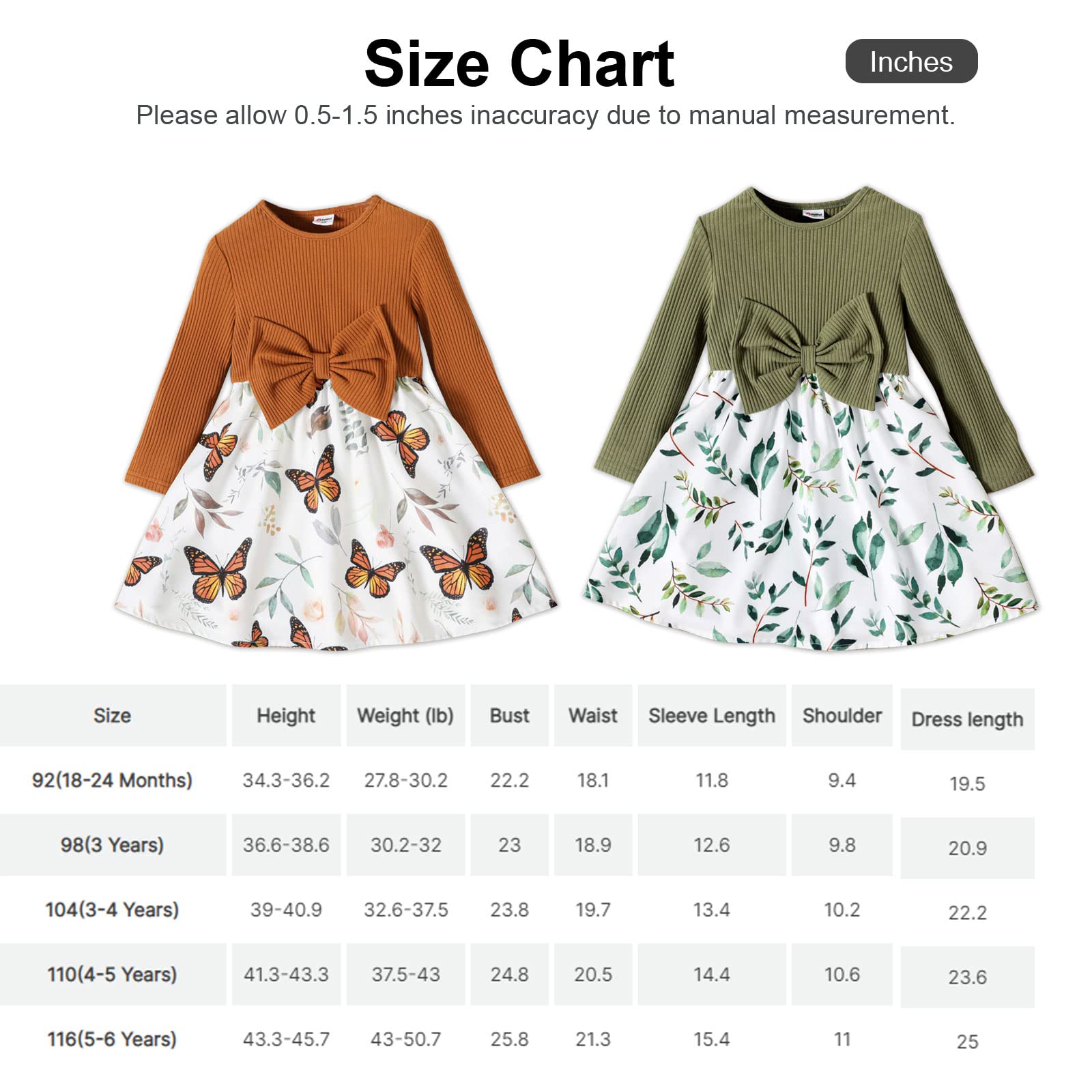 PATPAT Baby Toddler Floral Print Bowknot Dress Colorblock Round Neck Long Sleeves Dress for Girls