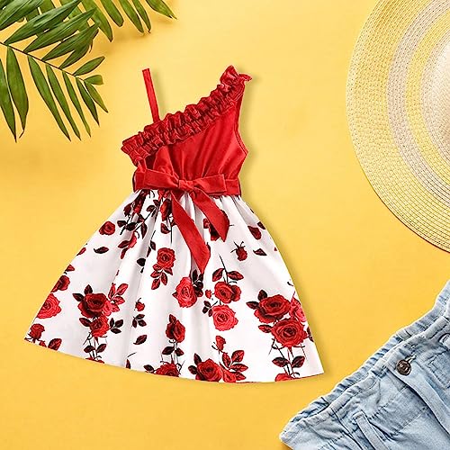 Toddler Kids Baby Girls Summer Casual Sleeveless One Shoulder Strap Floral Pattern Dress Party Kids (Red, 5-6 Years)