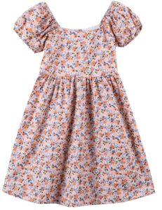 noomelfish toddler girls short sleeve floral dress casual flower printed smocked dresses, small orange, 3 years