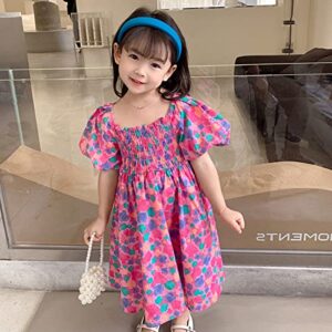 Toddler Kids Baby Girls Clothes Summer Puff Sleeve Floral Pattern Backless Princess Dress Casual (Hot Pink, 2-3 Years)