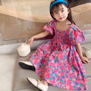 Toddler Kids Baby Girls Clothes Summer Puff Sleeve Floral Pattern Backless Princess Dress Casual (Hot Pink, 2-3 Years)