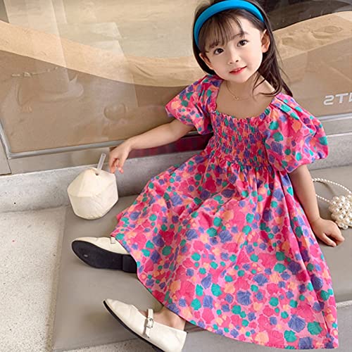 Toddler Kids Baby Girls Clothes Summer Puff Sleeve Floral Pattern Backless Princess Dress Casual (Hot Pink, 2-3 Years)