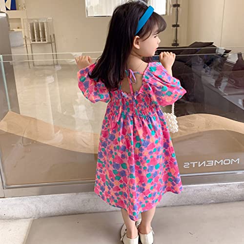 Toddler Kids Baby Girls Clothes Summer Puff Sleeve Floral Pattern Backless Princess Dress Casual (Hot Pink, 2-3 Years)