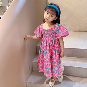 Toddler Kids Baby Girls Clothes Summer Puff Sleeve Floral Pattern Backless Princess Dress Casual (Hot Pink, 2-3 Years)