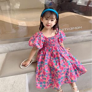 Toddler Kids Baby Girls Clothes Summer Puff Sleeve Floral Pattern Backless Princess Dress Casual (Hot Pink, 2-3 Years)