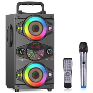 bluetooth speakers, 60w portable wireless loud outdoor home party bluetooth speaker with subwoofer, fm radio, led colorful lights, microphone, remote and big powerful stereo deep bass sound boombox