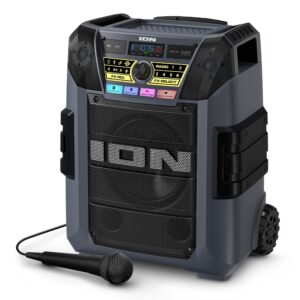 ion block rocker xl - portable bluetooth outdoor party speaker, 220w, with karaoke microphone, battery, 5 speakers, lights, radio, usb charging & app