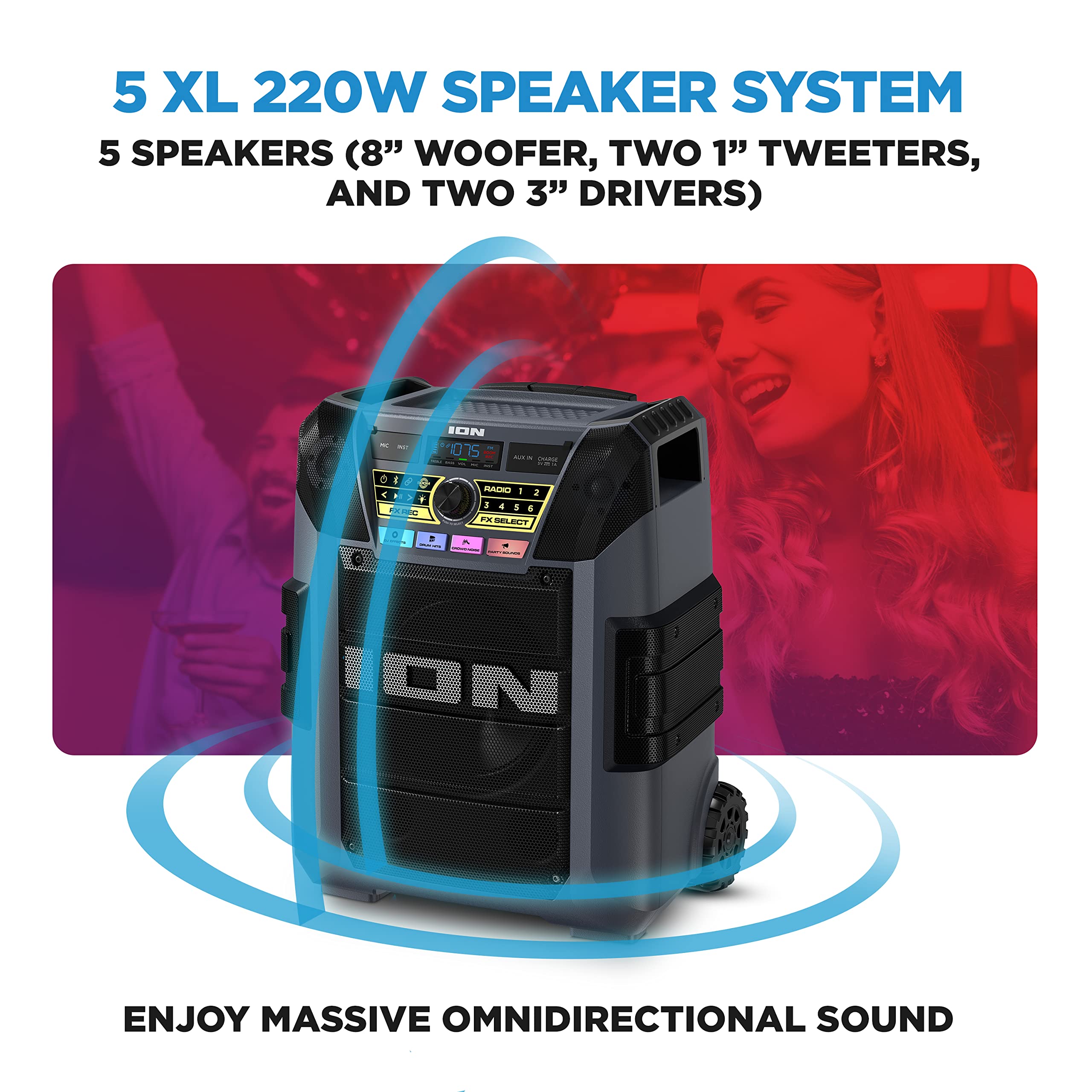 ION Block Rocker XL - Portable Bluetooth Outdoor Party Speaker, 220W, with Karaoke Microphone, Battery, 5 Speakers, Lights, Radio, USB Charging & App