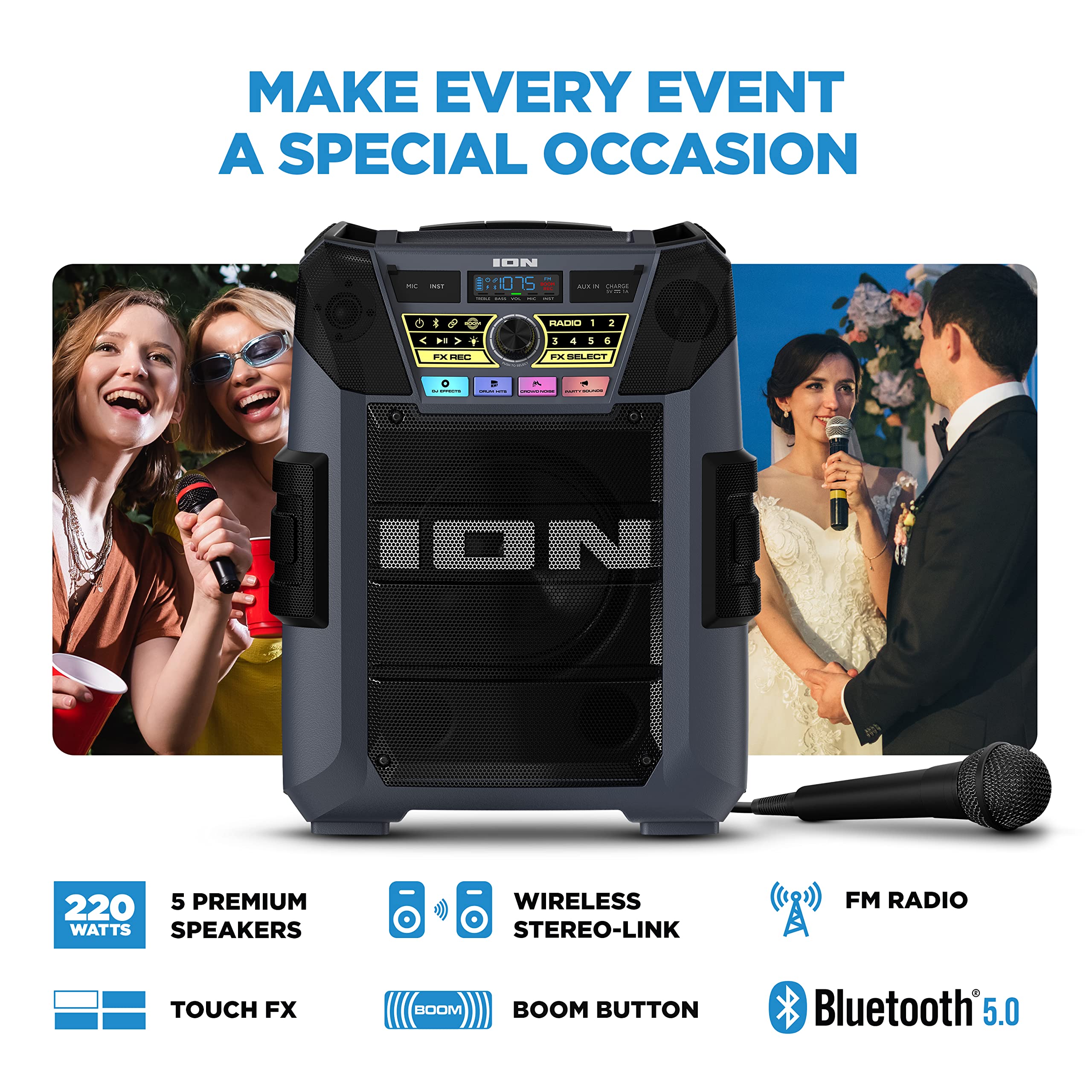 ION Block Rocker XL - Portable Bluetooth Outdoor Party Speaker, 220W, with Karaoke Microphone, Battery, 5 Speakers, Lights, Radio, USB Charging & App