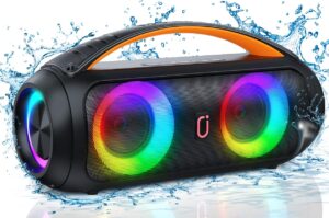 portable bluetooth speaker, loud boombox speaker with subwoofer, powerful deep bass stereo sound, ip65 waterproof, wireless outdoor speaker for camping, beach, party, support tws/usb/tf card/aux