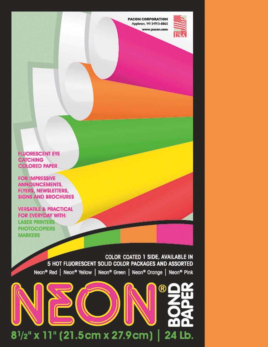 Pacon Corporation 104318 Neon Bond Paper, 24 lb., 100 Sheets, 8-1/2-Inch x11-Inch , Neon Orange