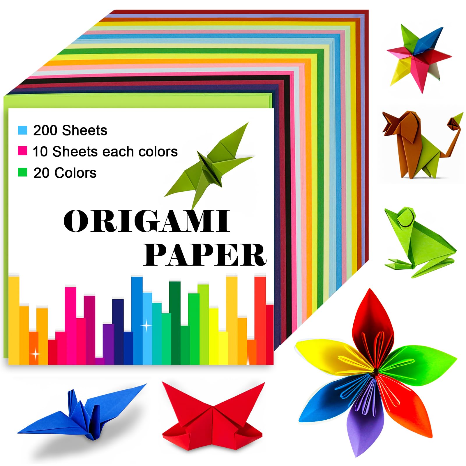 Origami Paper Double Sided Color 200 Sheets,6x6 inch Origami Paper 20 Colors,Origami Paper kit for kids Ages 5-8 8-12,Colored Paper Kit Gifts for Beginners (Colorful)