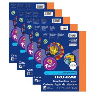 pacon tru-ray 9-inch x 12-inch construction paper, electric orange, 50 sheets/pack, 5 packs (pac103404-5)