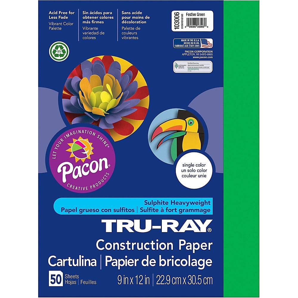 Tru-Ray® Construction Paper, 50% Recycled, 9" x 12", Festive Green, Pack of 50