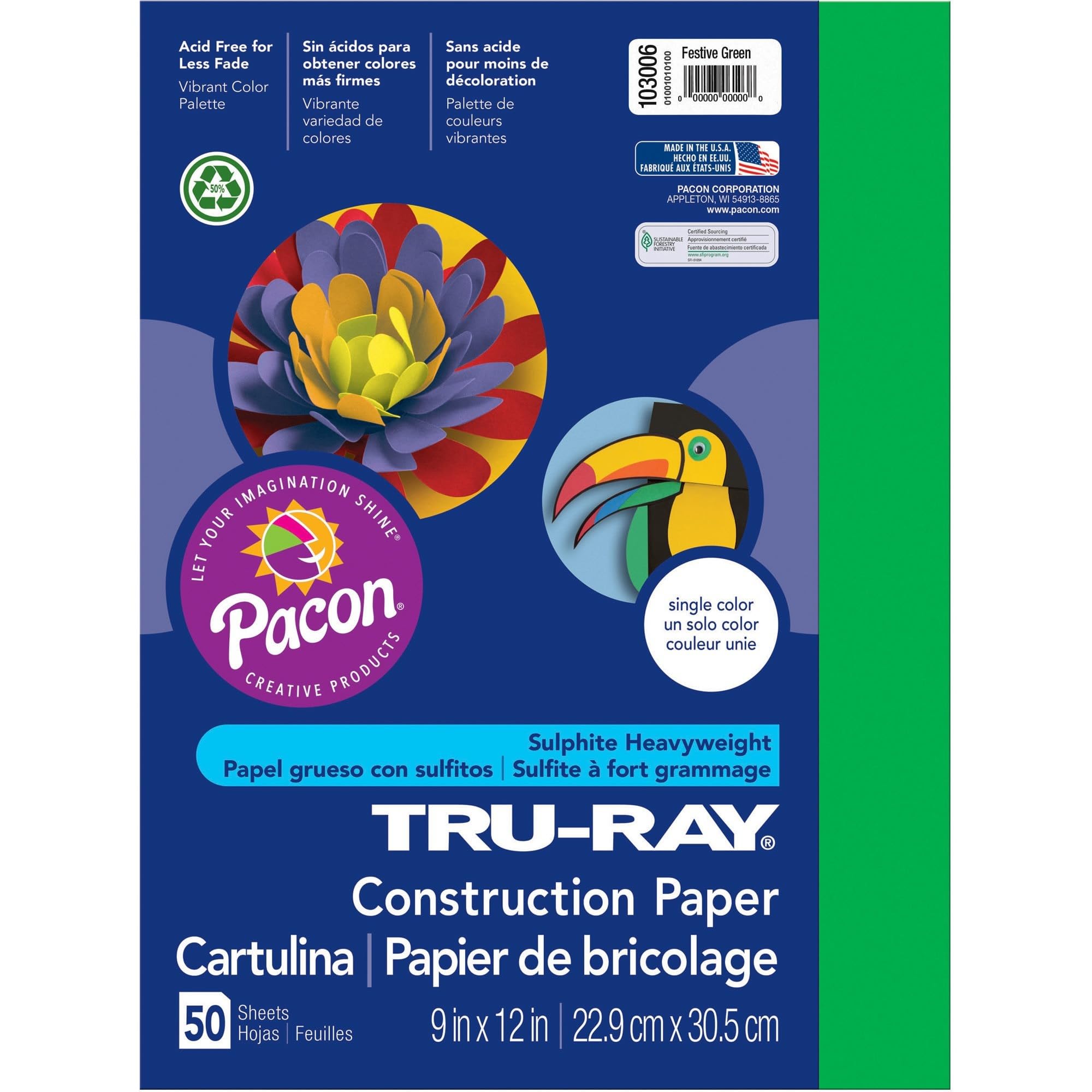 Tru-Ray® Construction Paper, 50% Recycled, 9" x 12", Festive Green, Pack of 50