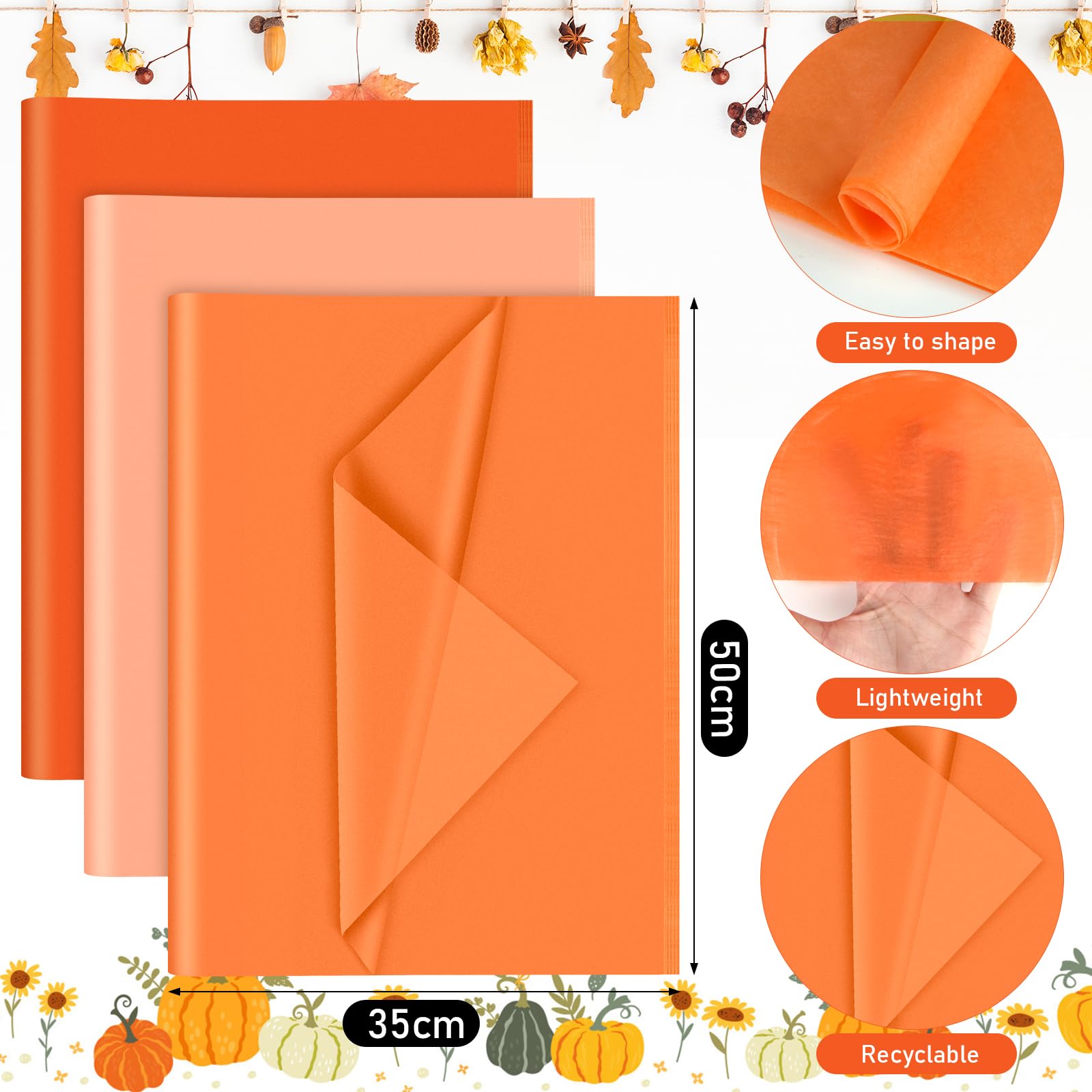 PLULON 60 Sheets Thanksgiving Day Halloween Orange Tissue Paper Bulks, Gift Wrap Tissue Paper Sheets for Packaging Birthday Gift Wrapping Paper Birthday Wedding Holiday Paper Flower