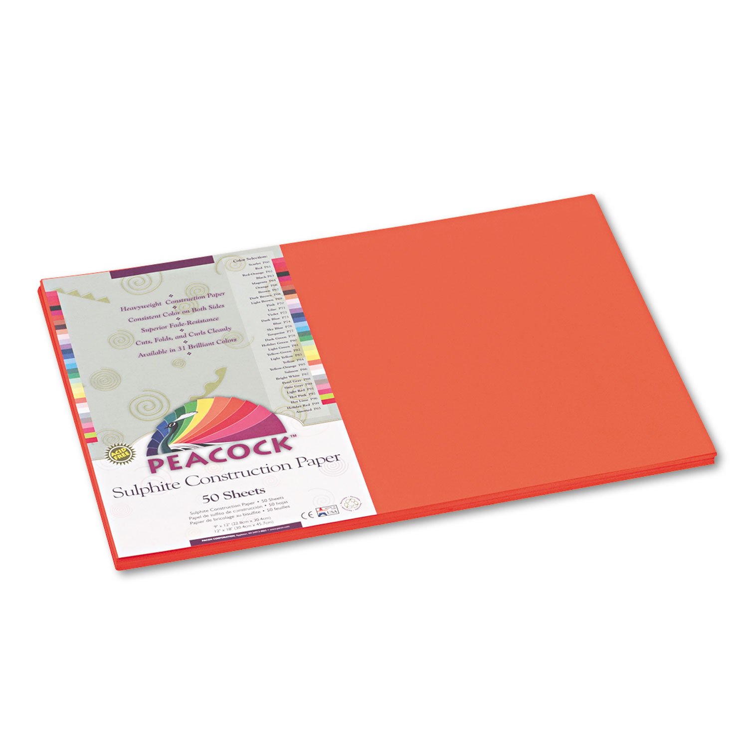 Pacon P6612 Peacock Sulphite Construction Paper, 76 lbs, 12 x 18, Orange, 50 Sheets/Pack