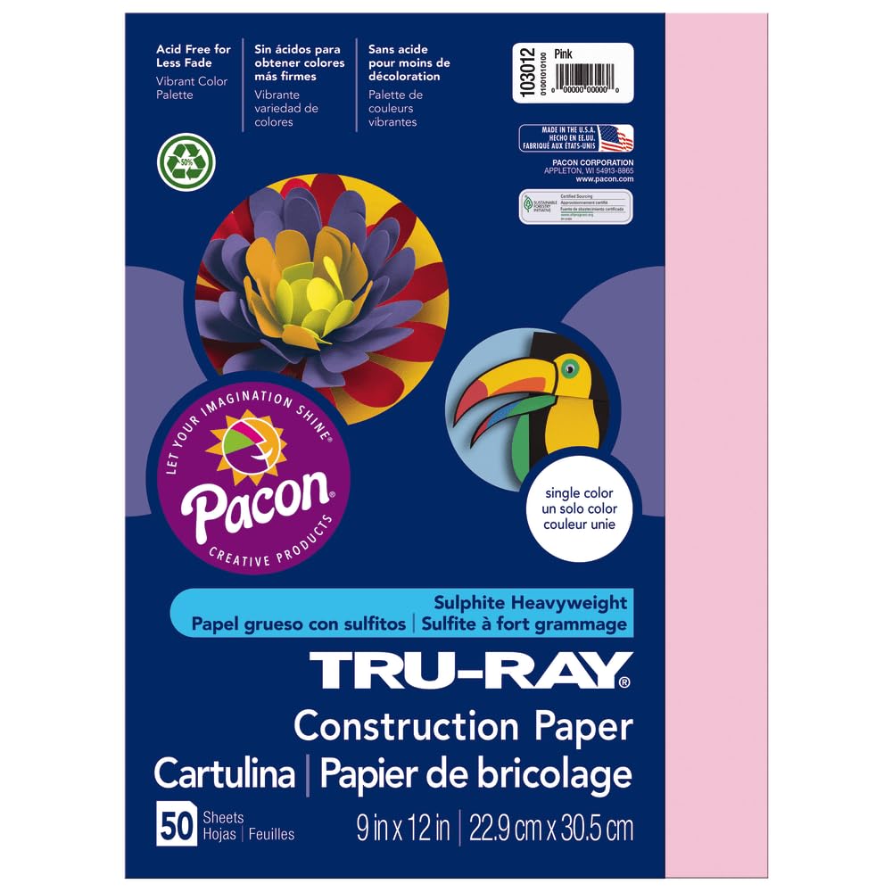 Pacon 103012 Tru-Ray Construction Paper, 76 lbs., 9 x 12, Pink, 50 Sheets/Pack