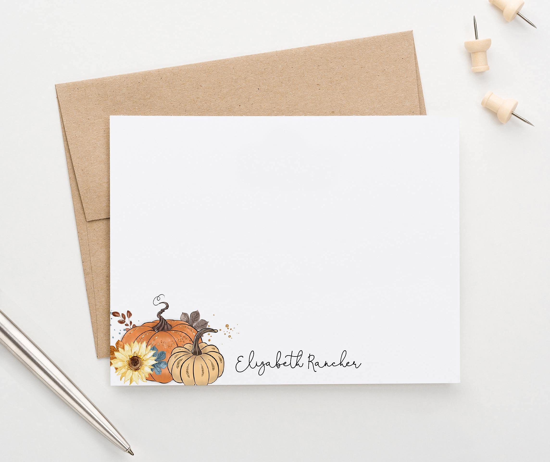 Pumpkin Personalized Fall Stationary for Women, Personalized Fall Pumpkins Stationery with Envelopes, FLAT NOTE CARDS, Fall Personalized Note Cards for Women, Your choice of Colors and Quantity