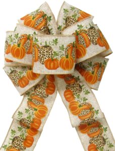 8" orange pumpkin leopard fall wreath bows by alpine holiday bows - fall bows for wreaths & lanterns - cheetah thanksgiving wreath bows for fall - wired pumpkin bows