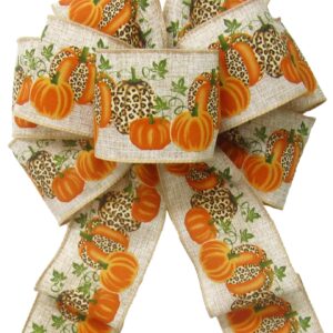 8" Orange Pumpkin Leopard Fall Wreath Bows by Alpine Holiday Bows - Fall Bows for Wreaths & Lanterns - Cheetah Thanksgiving Wreath Bows for Fall - Wired Pumpkin Bows