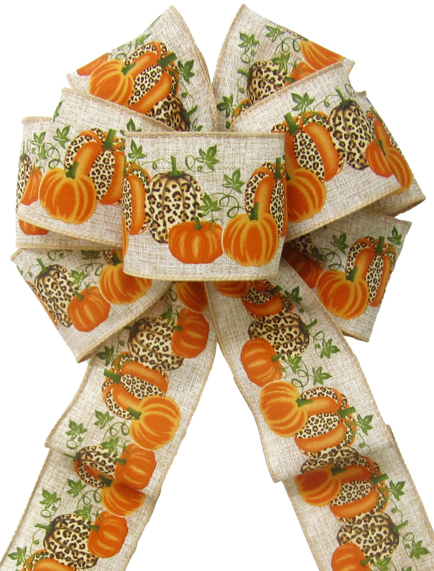 8" Orange Pumpkin Leopard Fall Wreath Bows by Alpine Holiday Bows - Fall Bows for Wreaths & Lanterns - Cheetah Thanksgiving Wreath Bows for Fall - Wired Pumpkin Bows