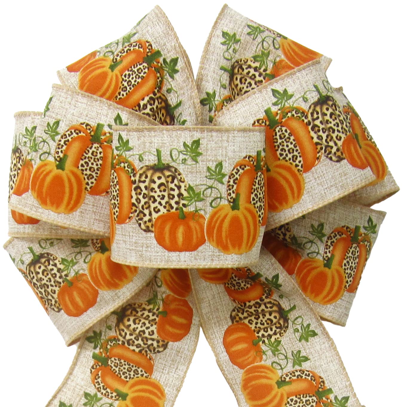 8" Orange Pumpkin Leopard Fall Wreath Bows by Alpine Holiday Bows - Fall Bows for Wreaths & Lanterns - Cheetah Thanksgiving Wreath Bows for Fall - Wired Pumpkin Bows