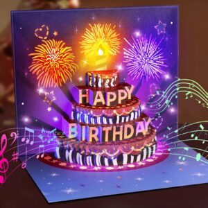 INPHER Birthday Cards Fireworks Pop Up Cake Light and Music Happy Birthday Card Gift for Women, Men, Mom, Grandma