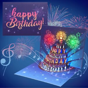 INPHER Birthday Cards Fireworks Pop Up Cake Light and Music Happy Birthday Card Gift for Women, Men, Mom, Grandma